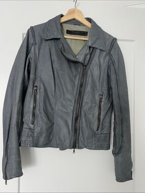 DROMe Slate Gray Leather Biker Jacket with Braid Trim. Light weight